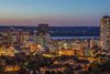 Downtown skyline at night in Hamilton, Ontario.