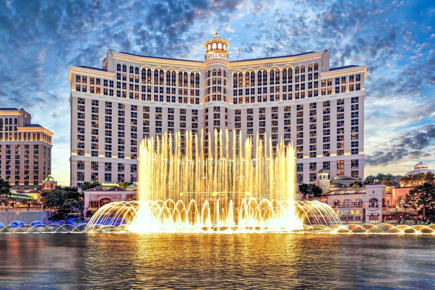View of the fountain in front of the Bellagio Hotel in Las Vegas.