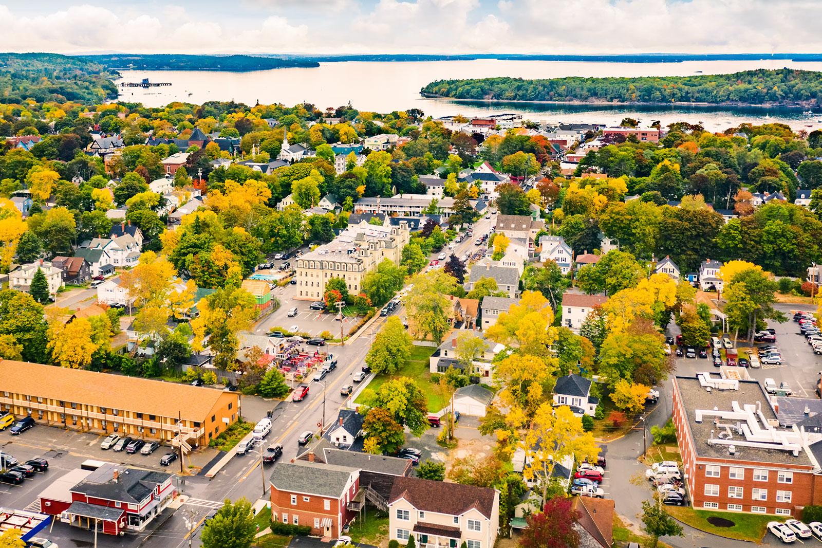 An aerial view of Bar Harbor, Maine on a sunny day.
