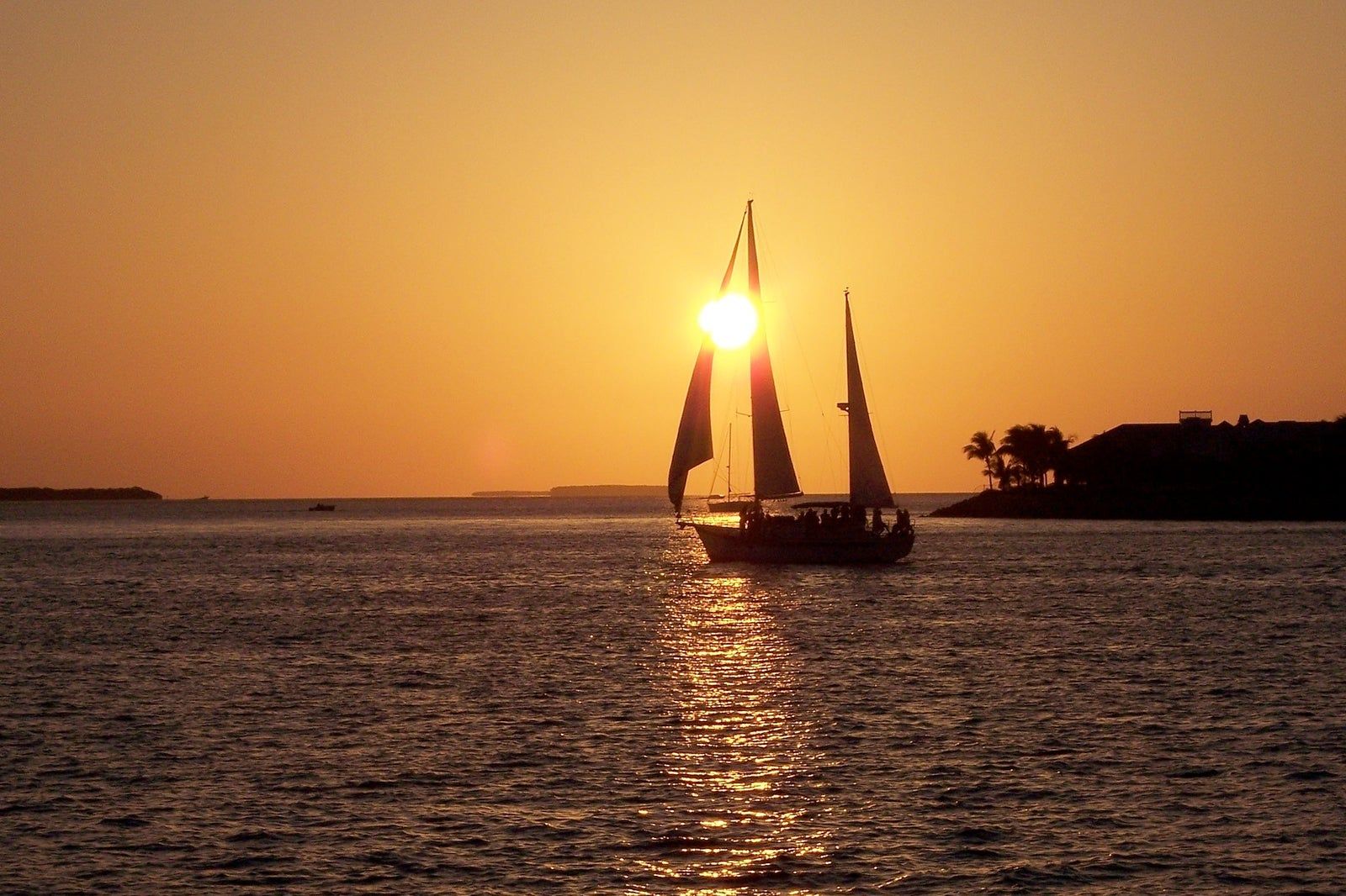 A sail boat at sun set.