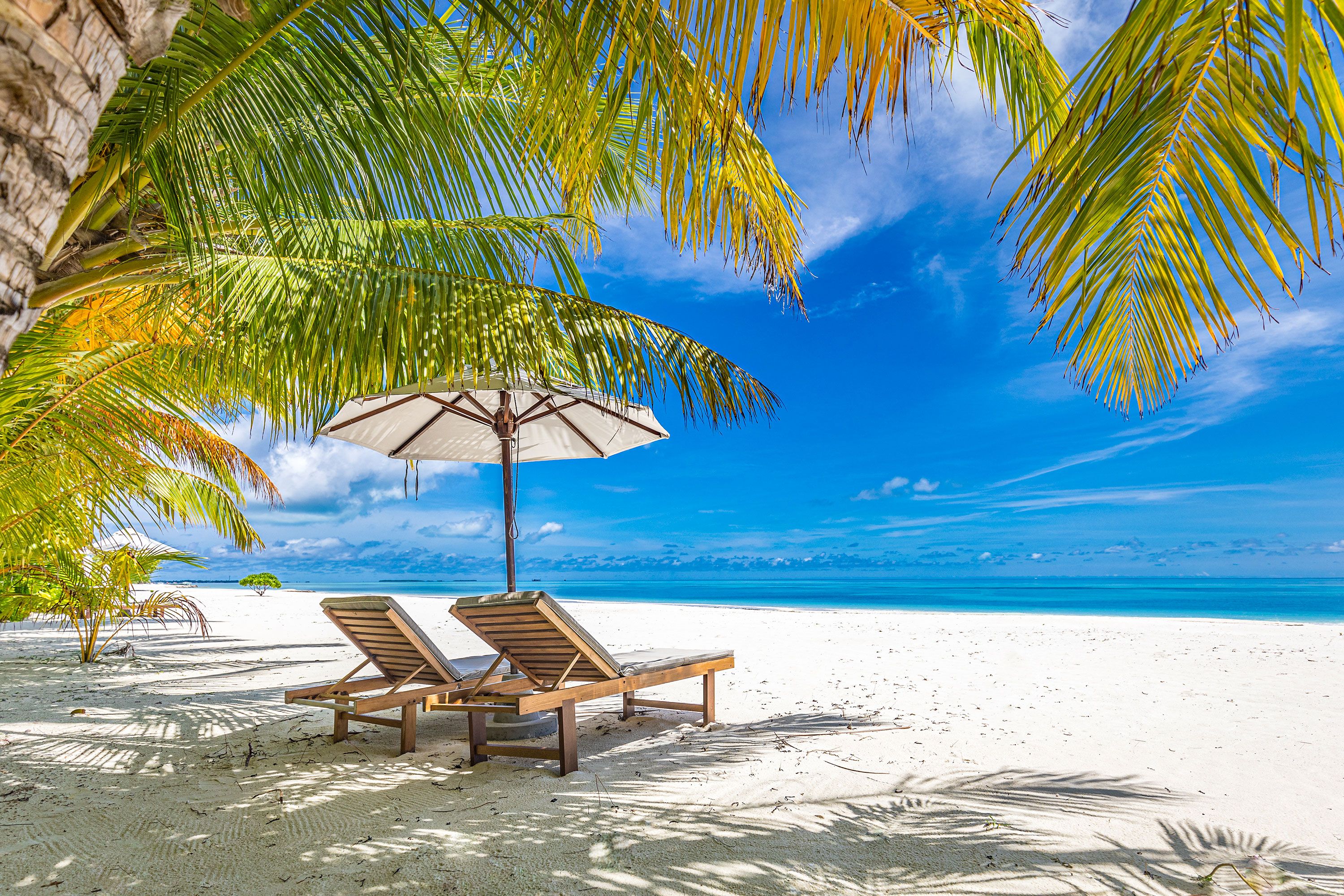Two wooden lounge chairs on wide white sandy beach under parasol and shade of palm trees looking out over blue water and sky.