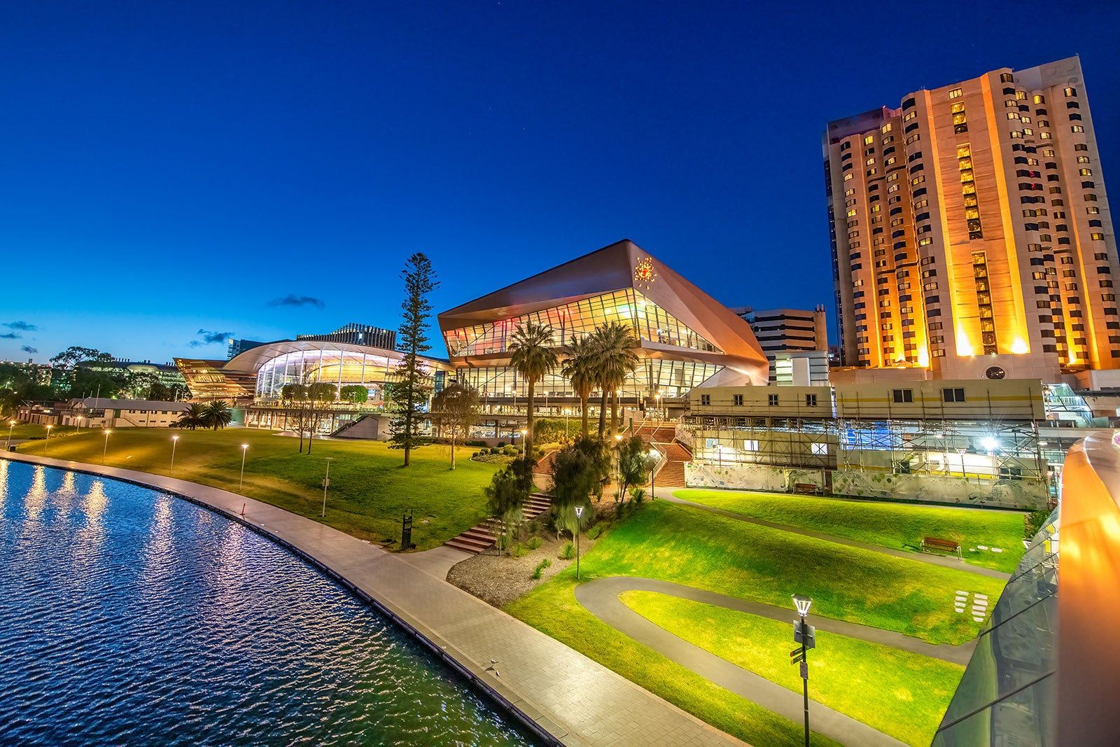 Adelaide event center and waterfront at night.