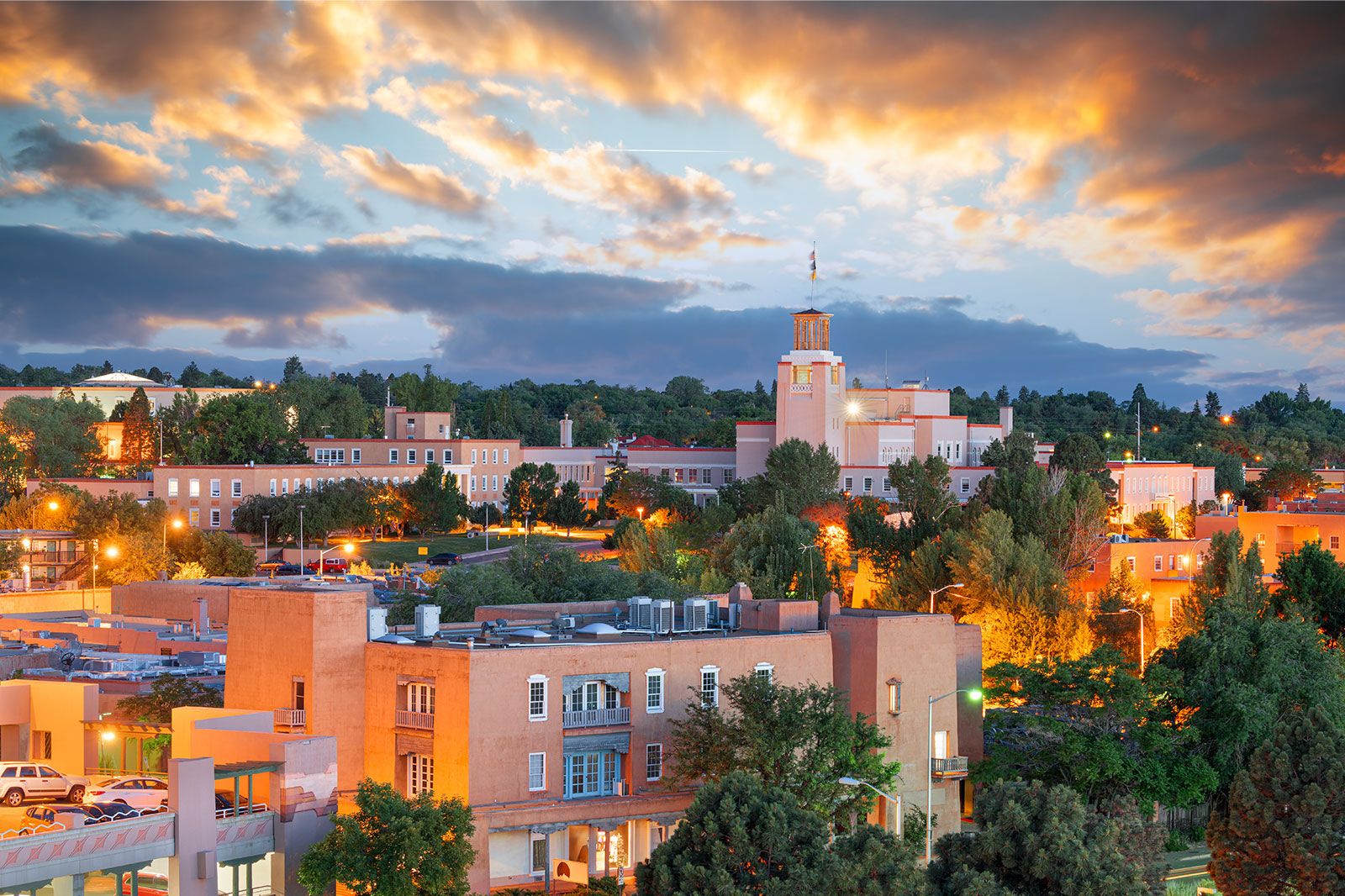 A view of Santa Fe city at sunset.
