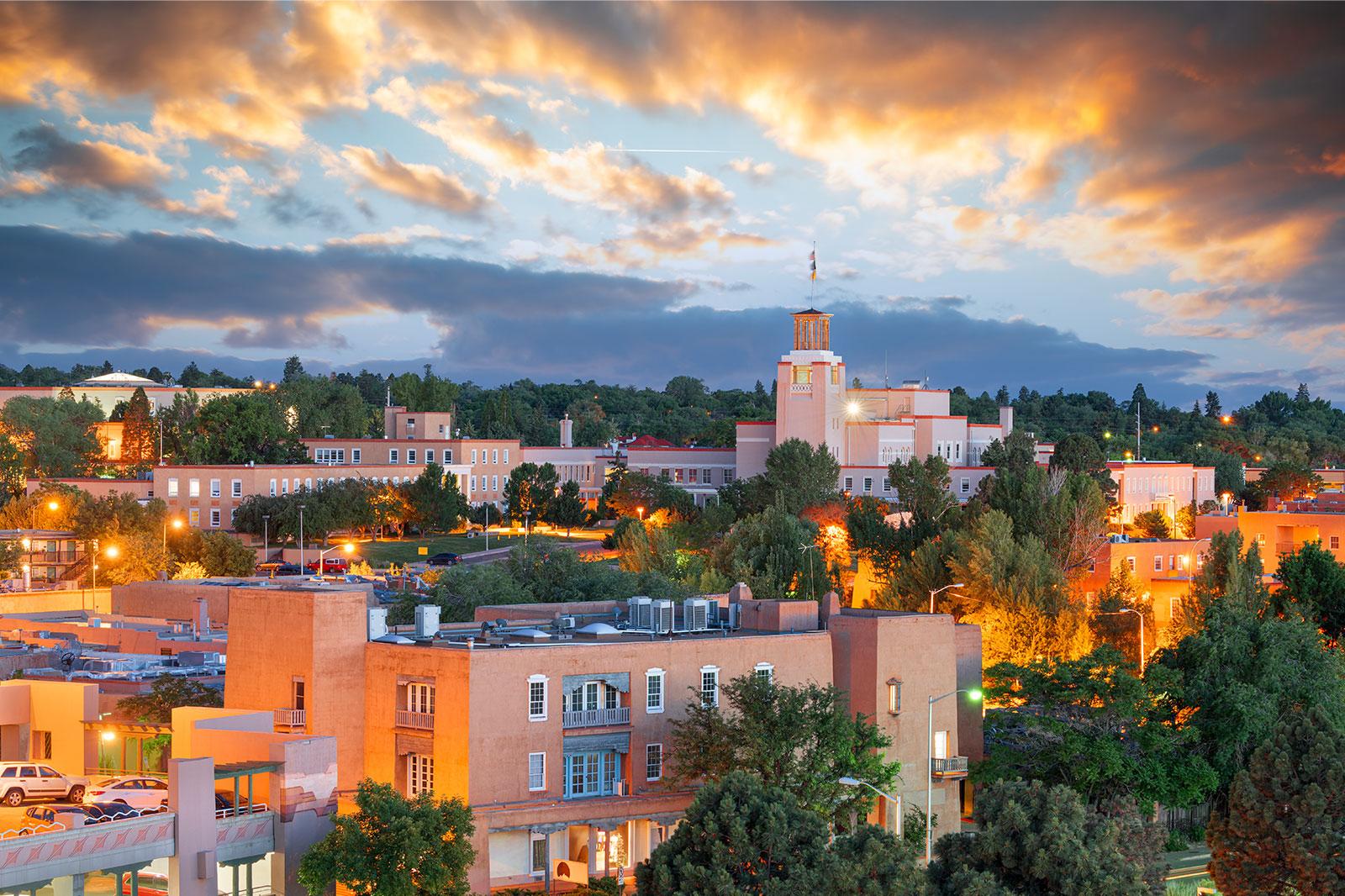 A view of Santa Fe city at sunset.