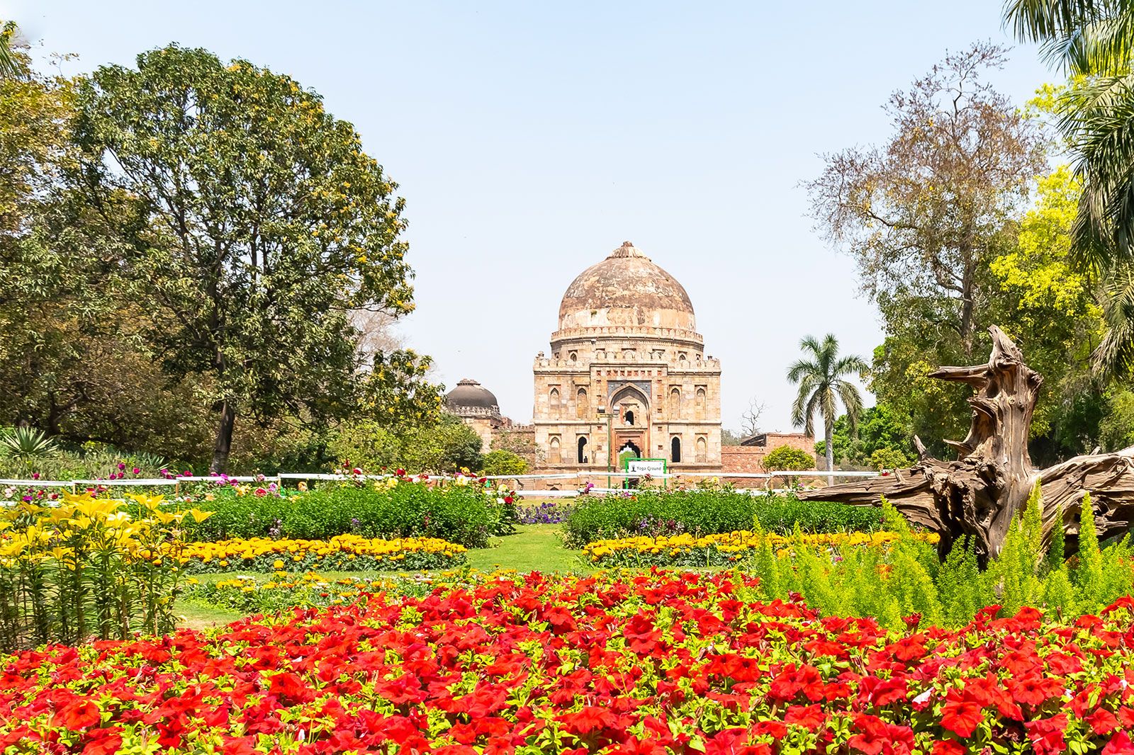 A view of a monument in a large garden with flowers.