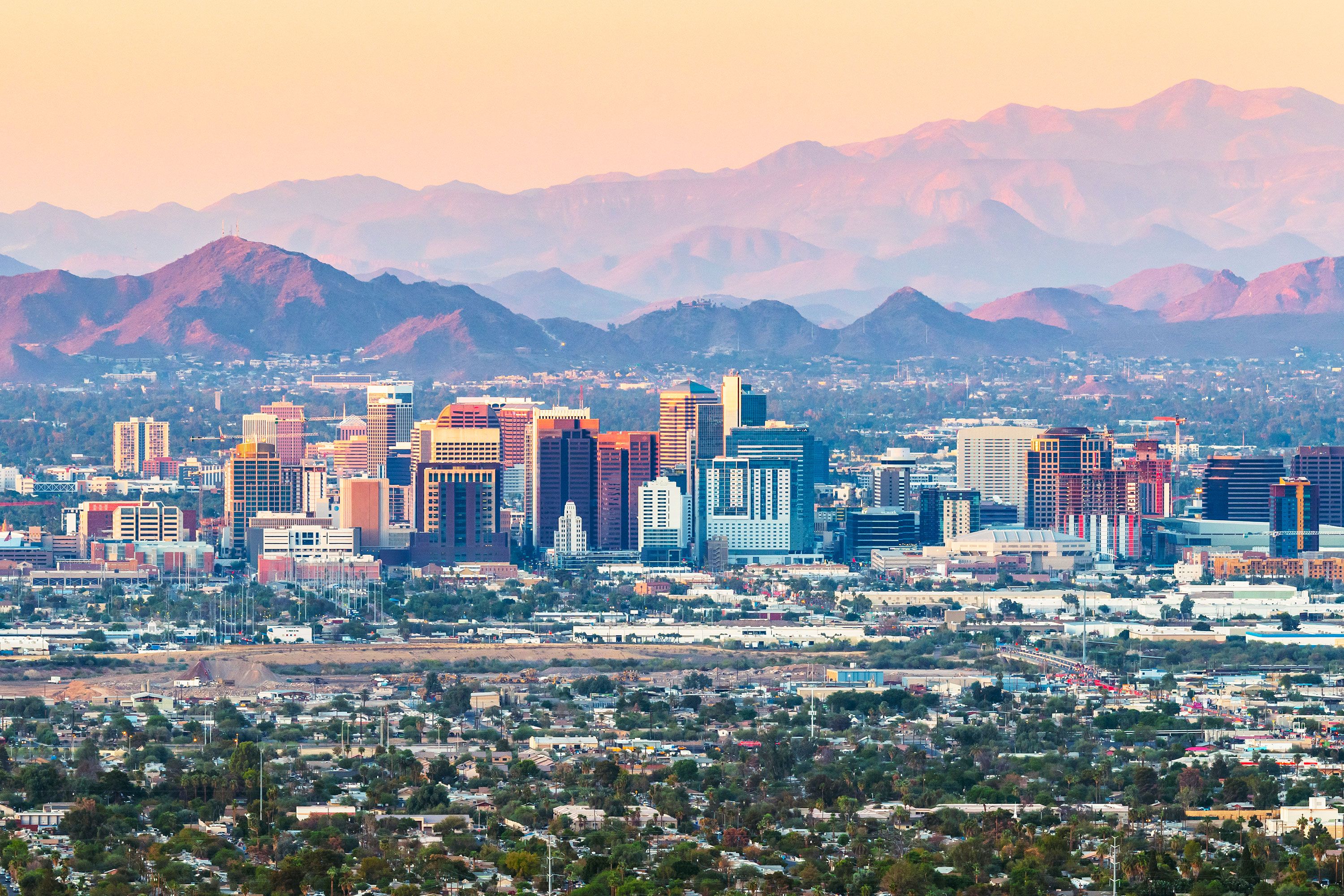 A skyline at dusk.