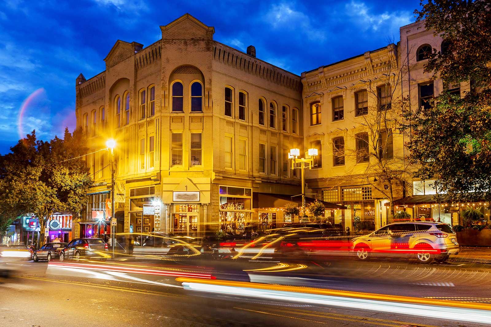 Buildings in Asheville at night.