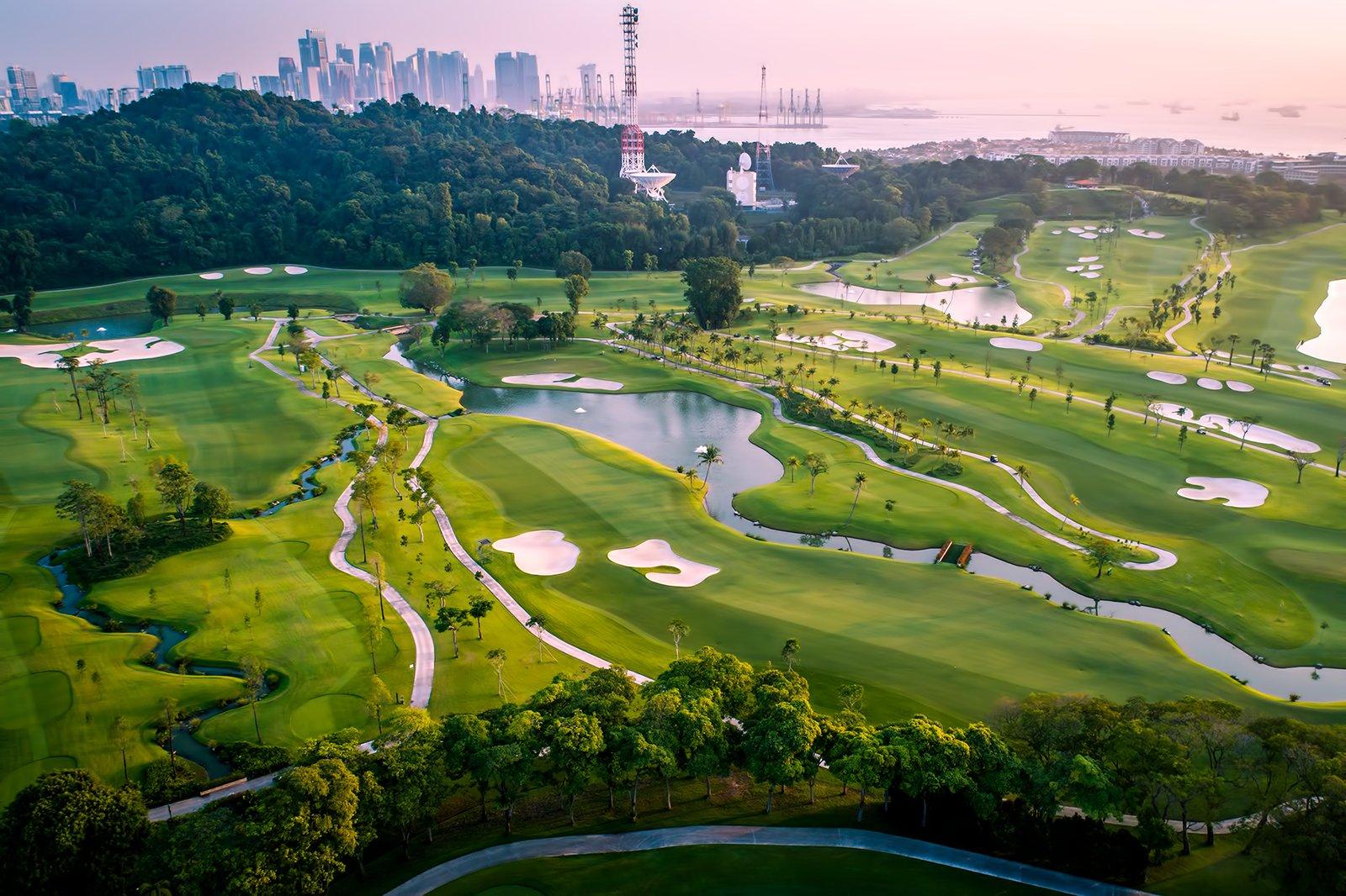 Aerial view of Sentosa golf course with Singapore in the background