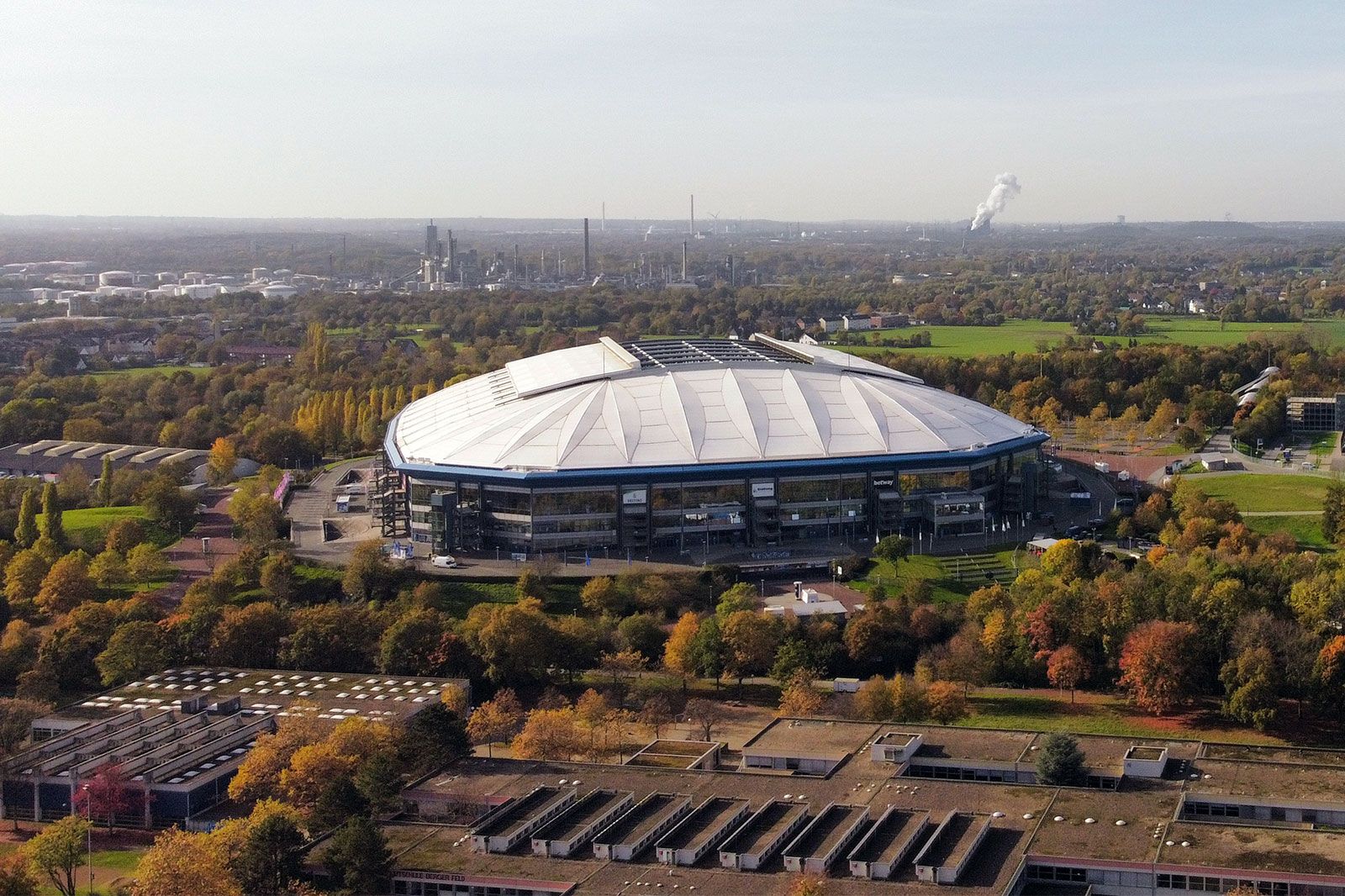 An aerial view of a football stadium.