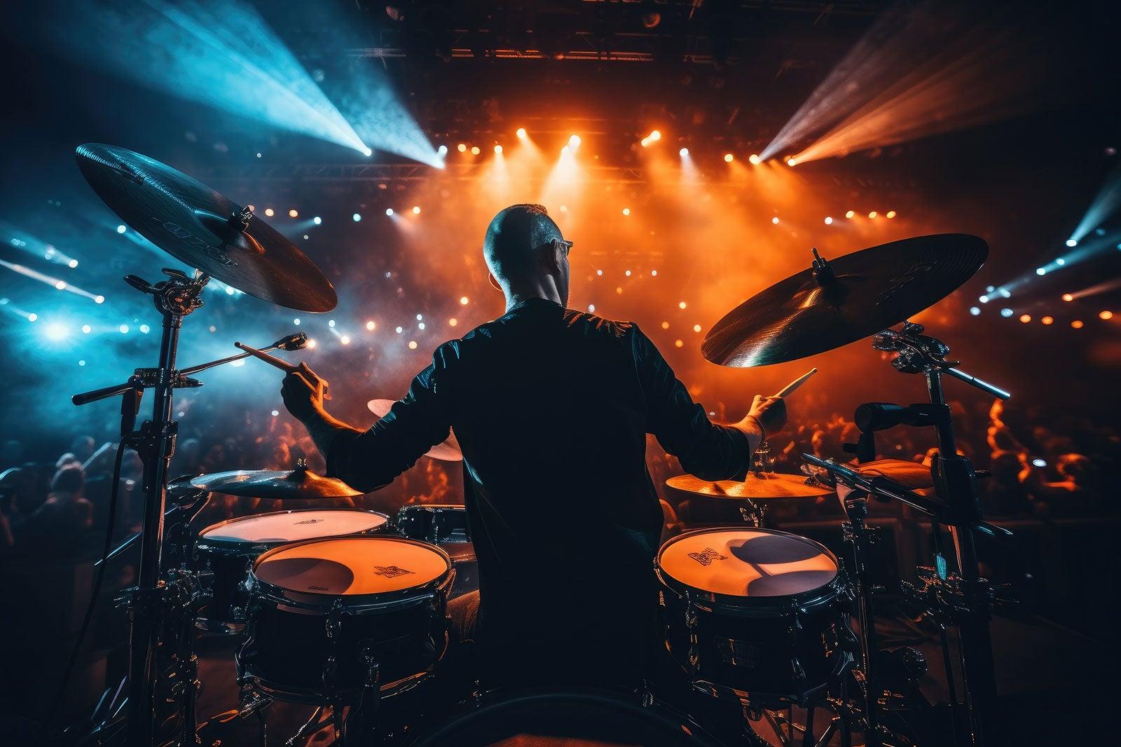 A drummer seen from behind on stage.