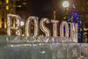 The letters of Boston carved out of ice.