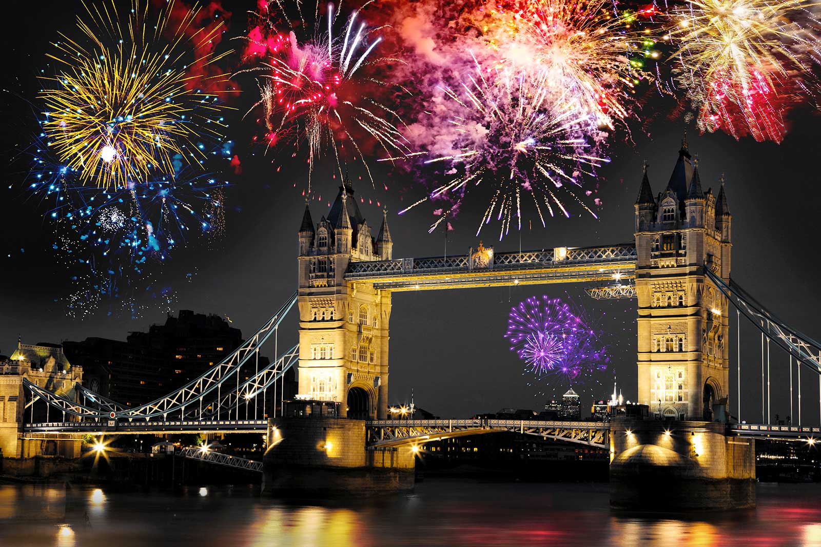 Fireworks over the Tower Bridge.