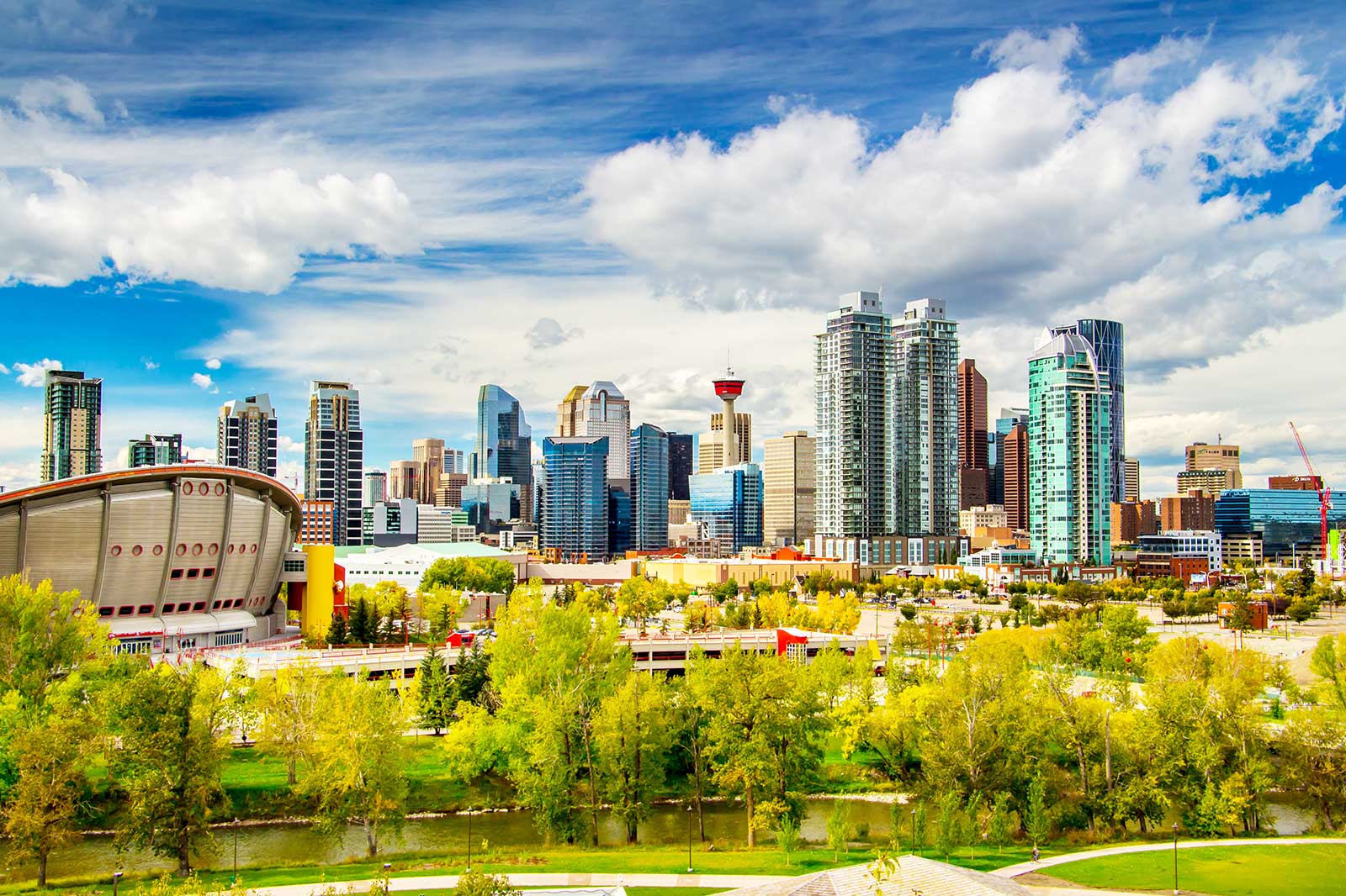 Calgary skyline, tall buildings, green trees.
