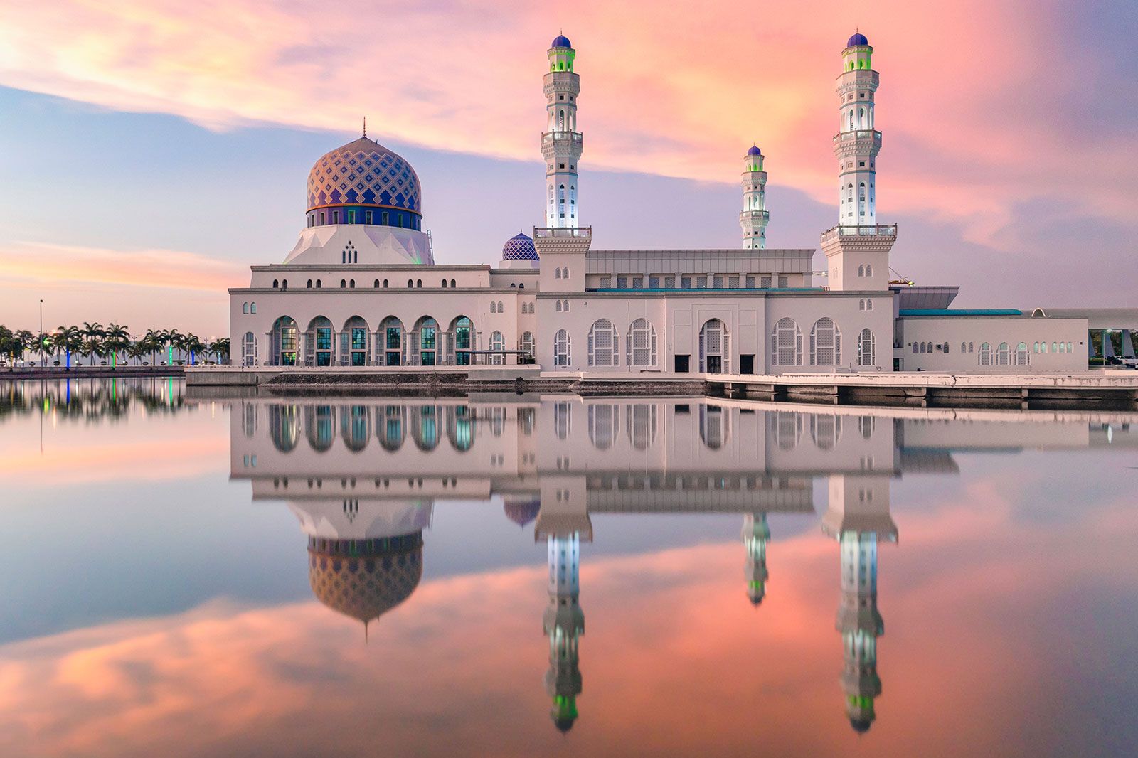 A sunset reflection of a temple.