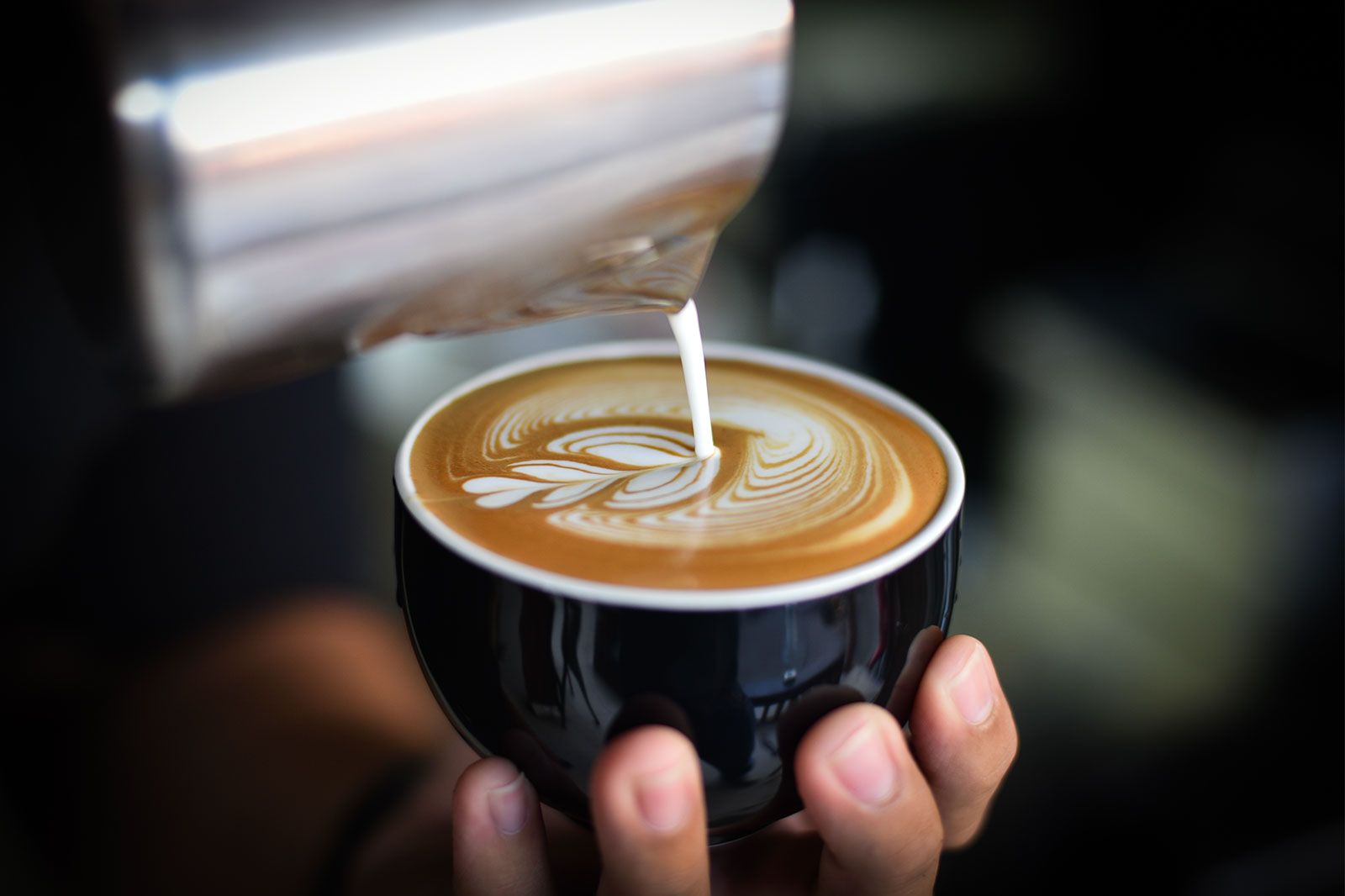 A barista pours milk on a coffee drink.