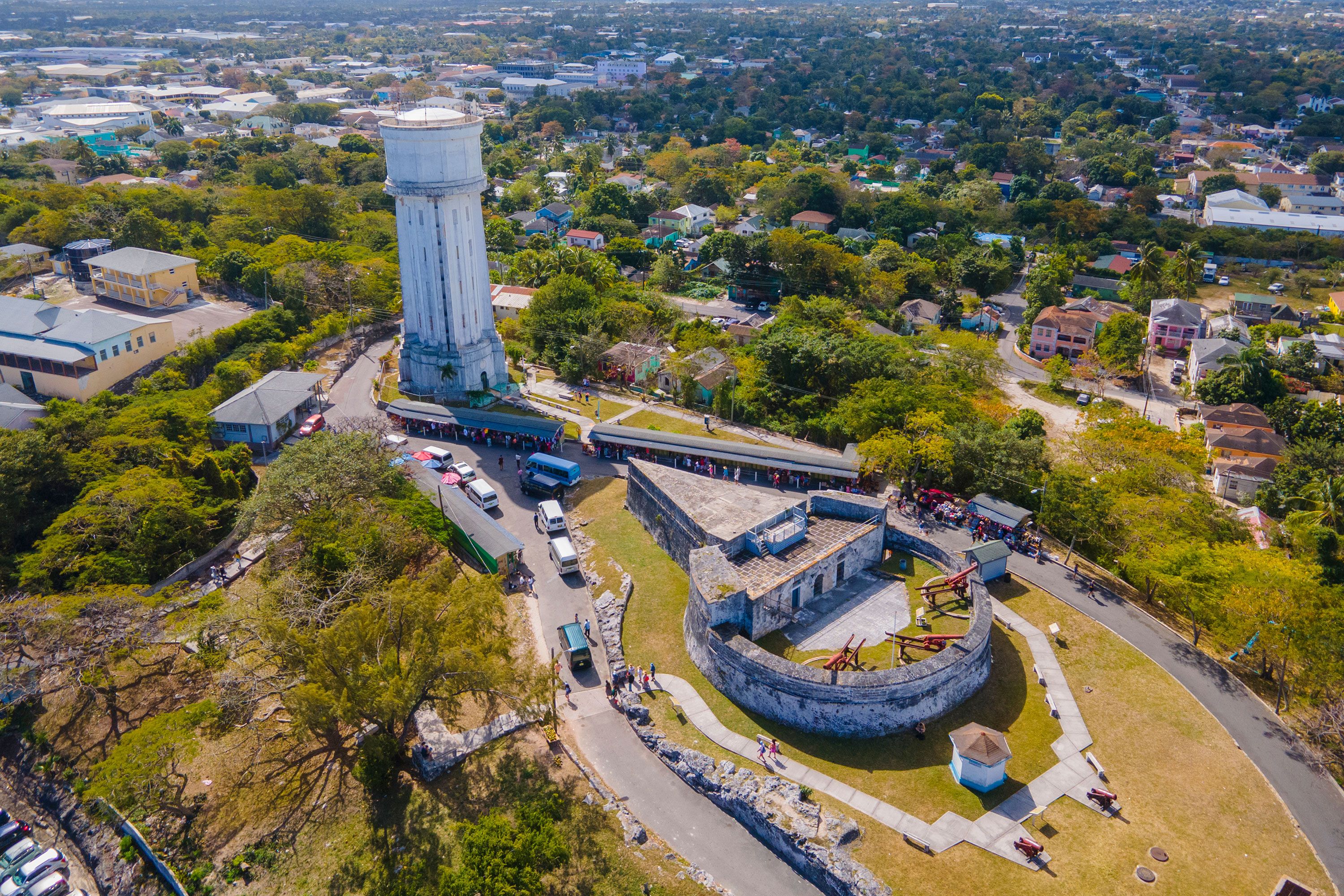 An aerial view of Fort Fincastle and sprawling countryside in Downtown Nassau, Bahamas.