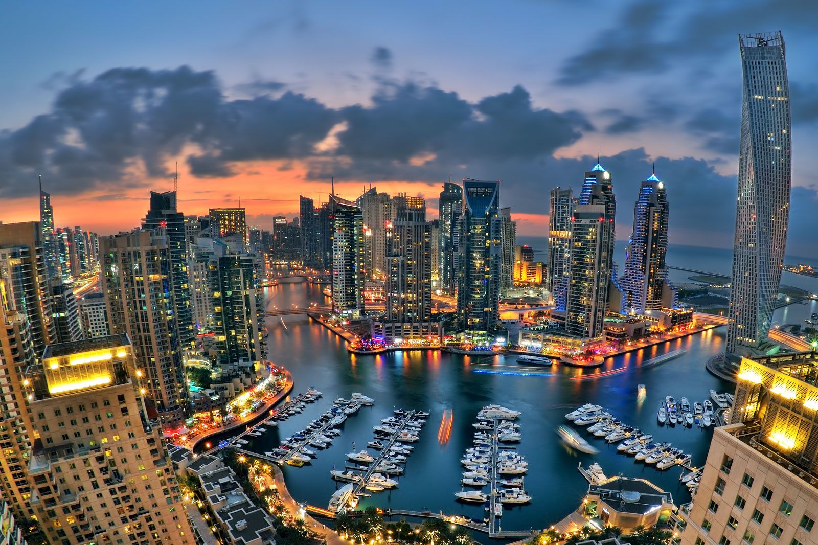 A city skyline at night.