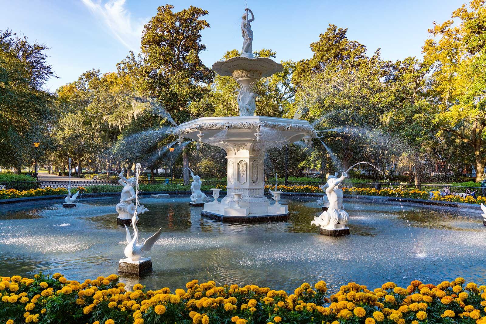 Fountain with sculptures outside a Savannah museum.