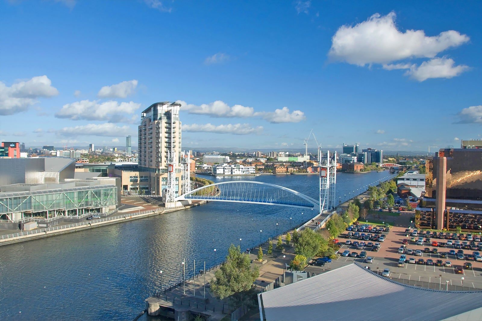 Salford Quays on the banks of Manchester Ship Canal, England