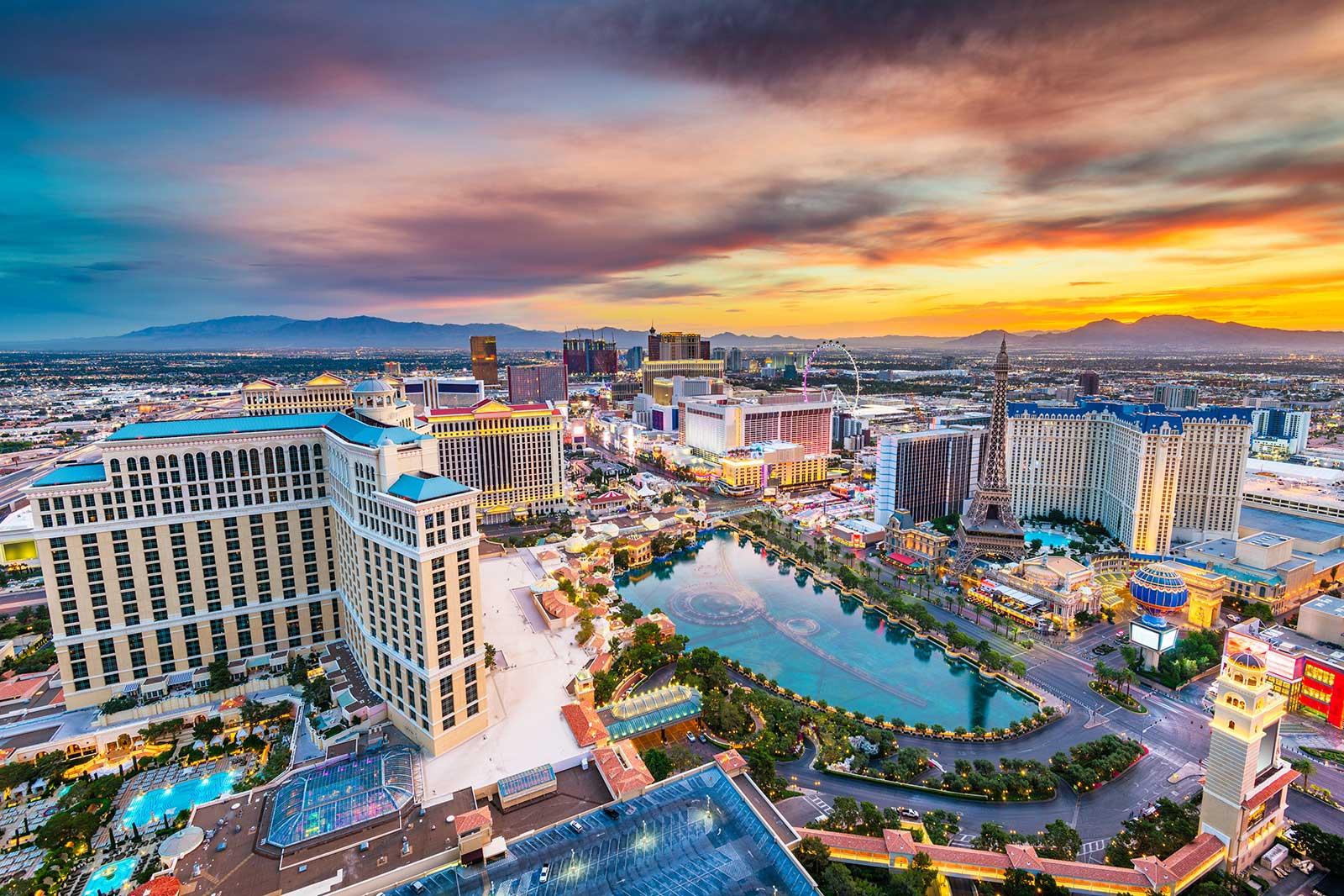 Ariel view of the Las Vegas strip at sunset.