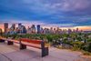 Public benches and the skyline of Calgary.