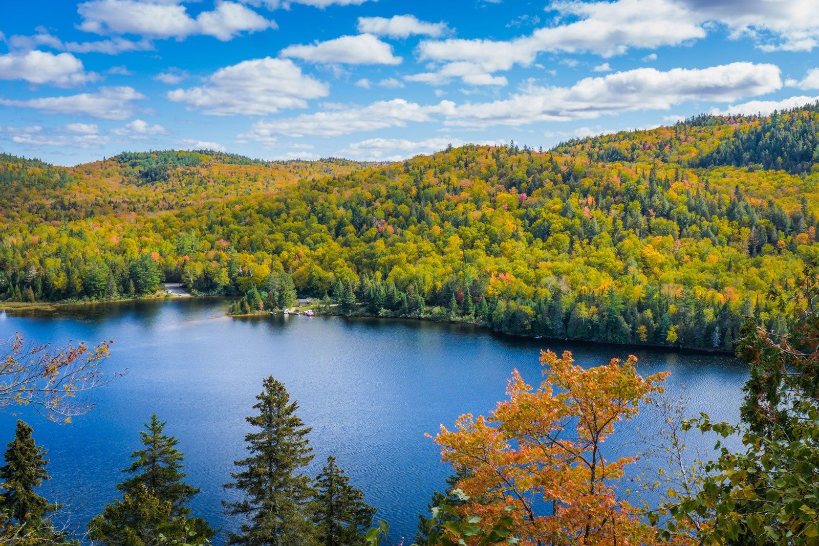 Blue lake with rolling tree covered hills. 