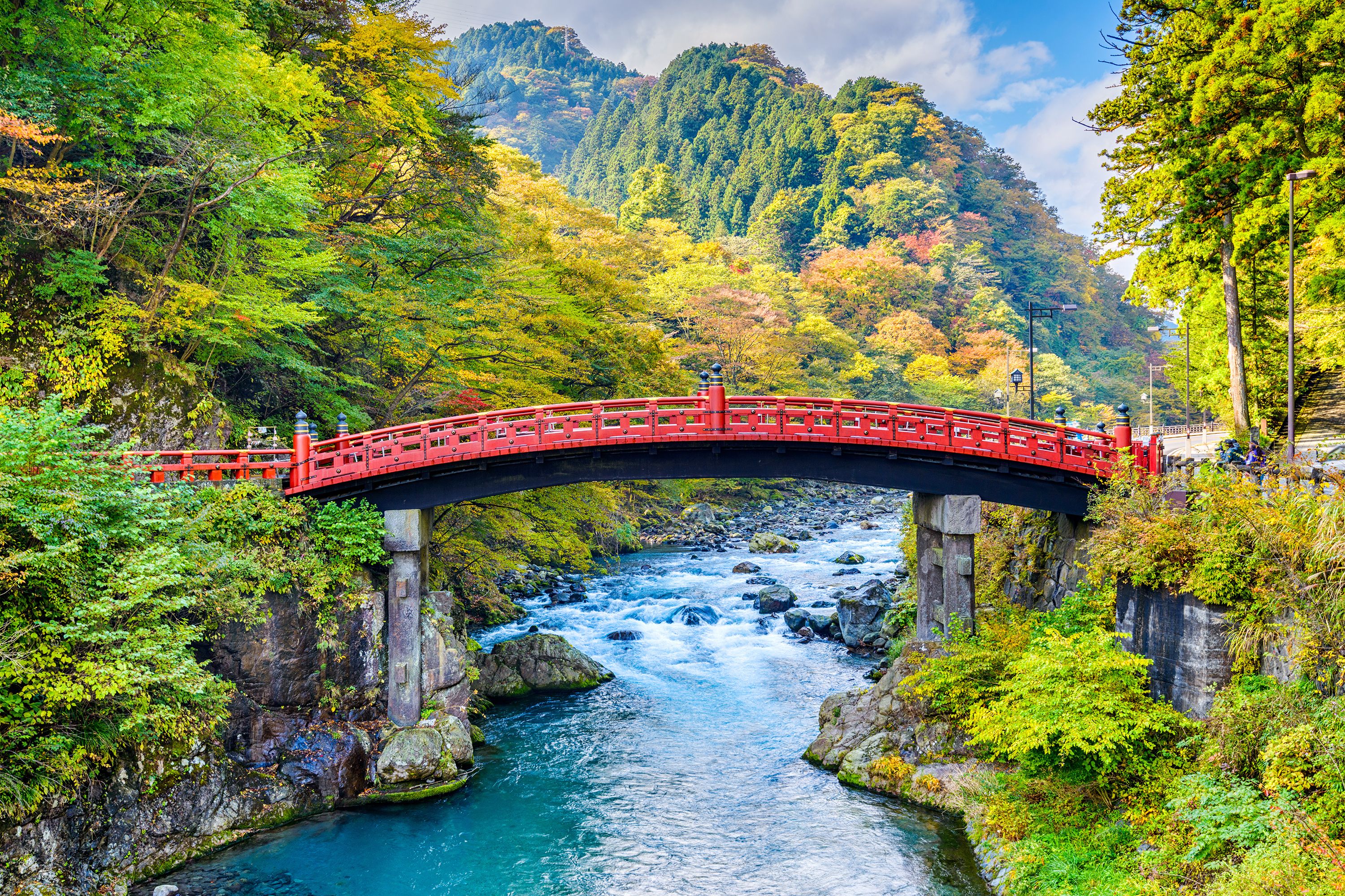 The sacred Shinkyo Bridge at the entrance of Nikko’s shrines with fall foliage in the background.