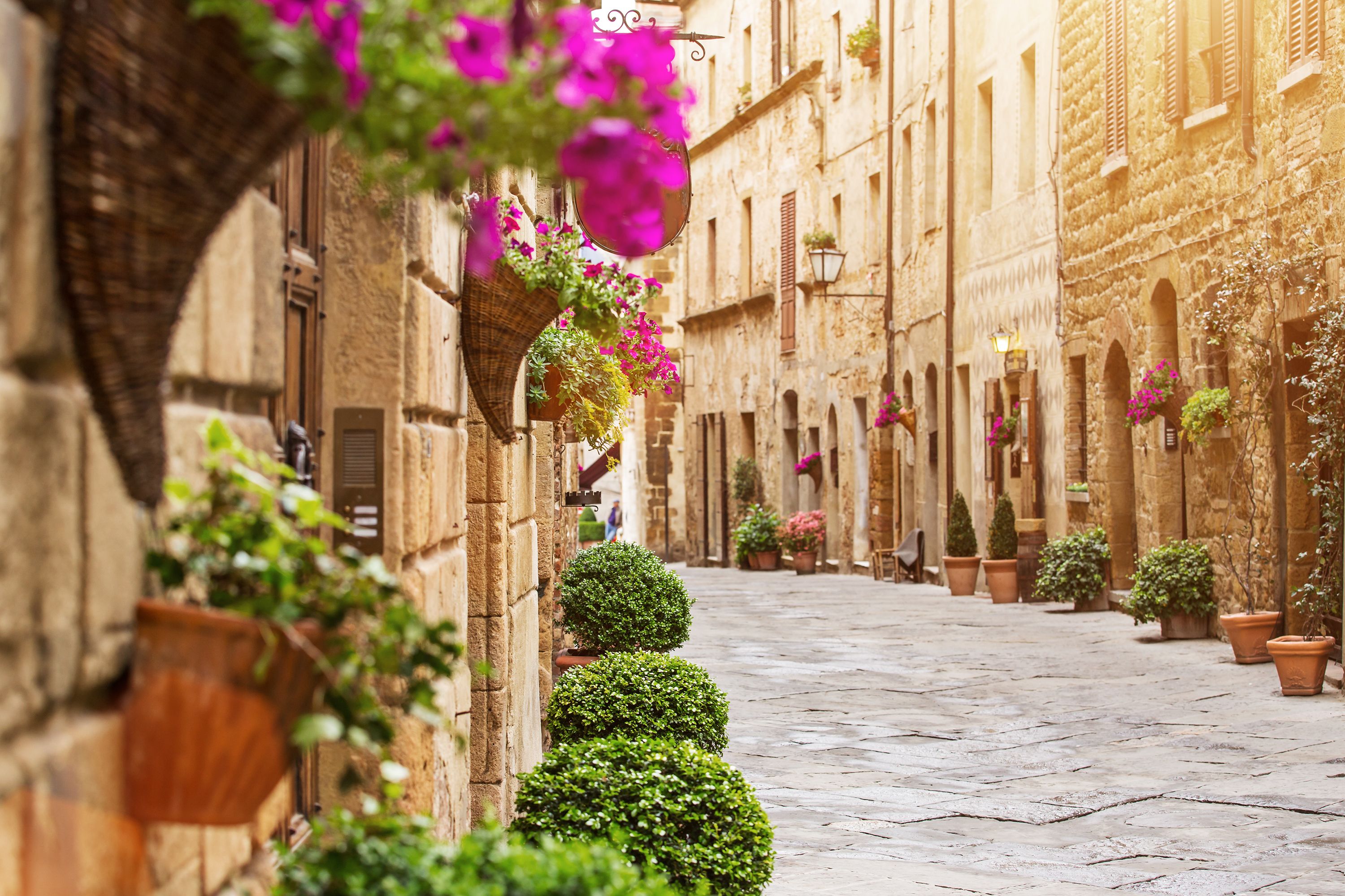 An Italian street with brick houses and lined with flowers and plants.