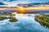 Aerial view of a beautiful morning sunrise over the marina and Bass Club on Tims Ford Lake in Winchester, Tennessee.