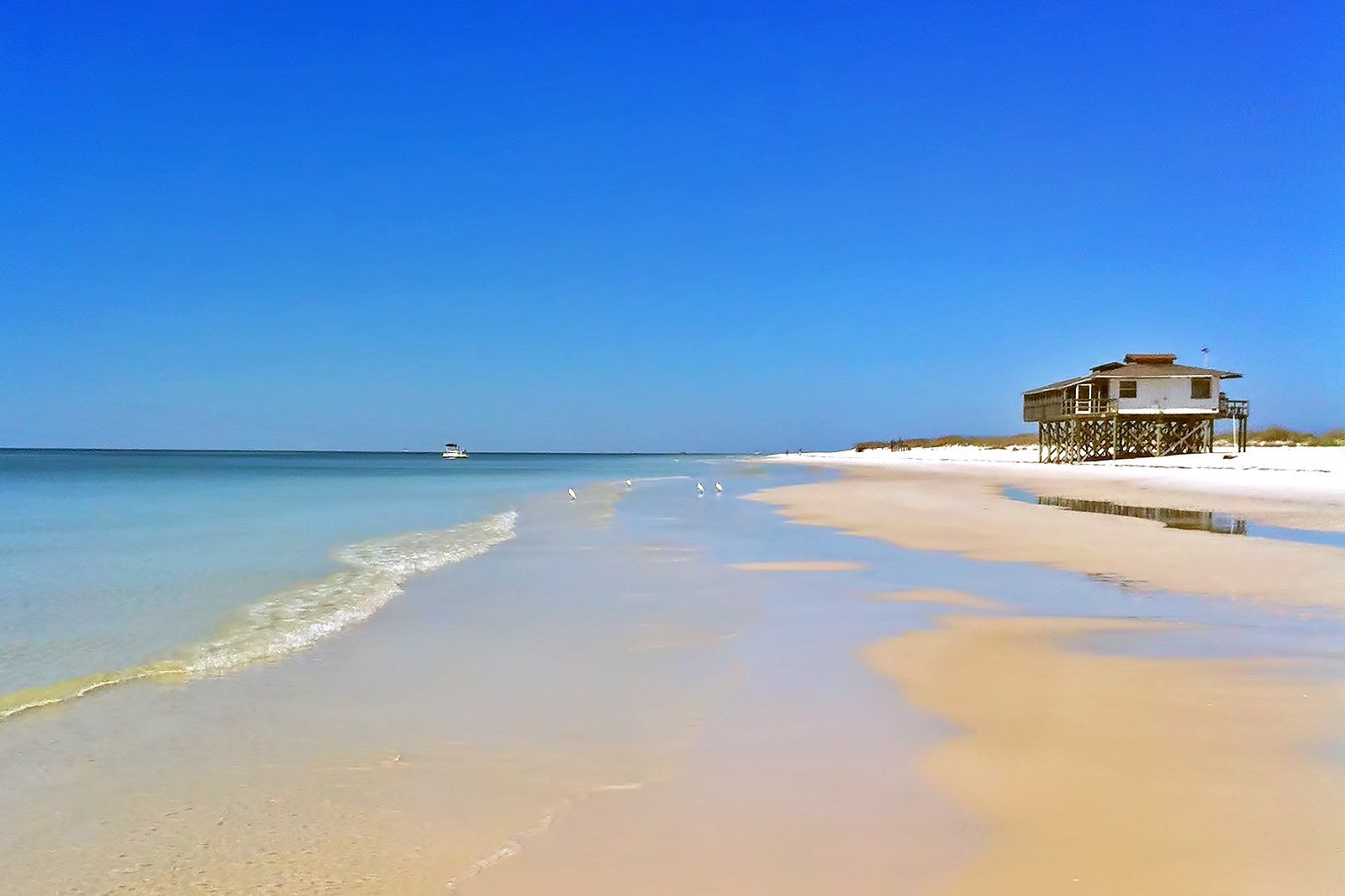 Sandy beach by an ocean.
