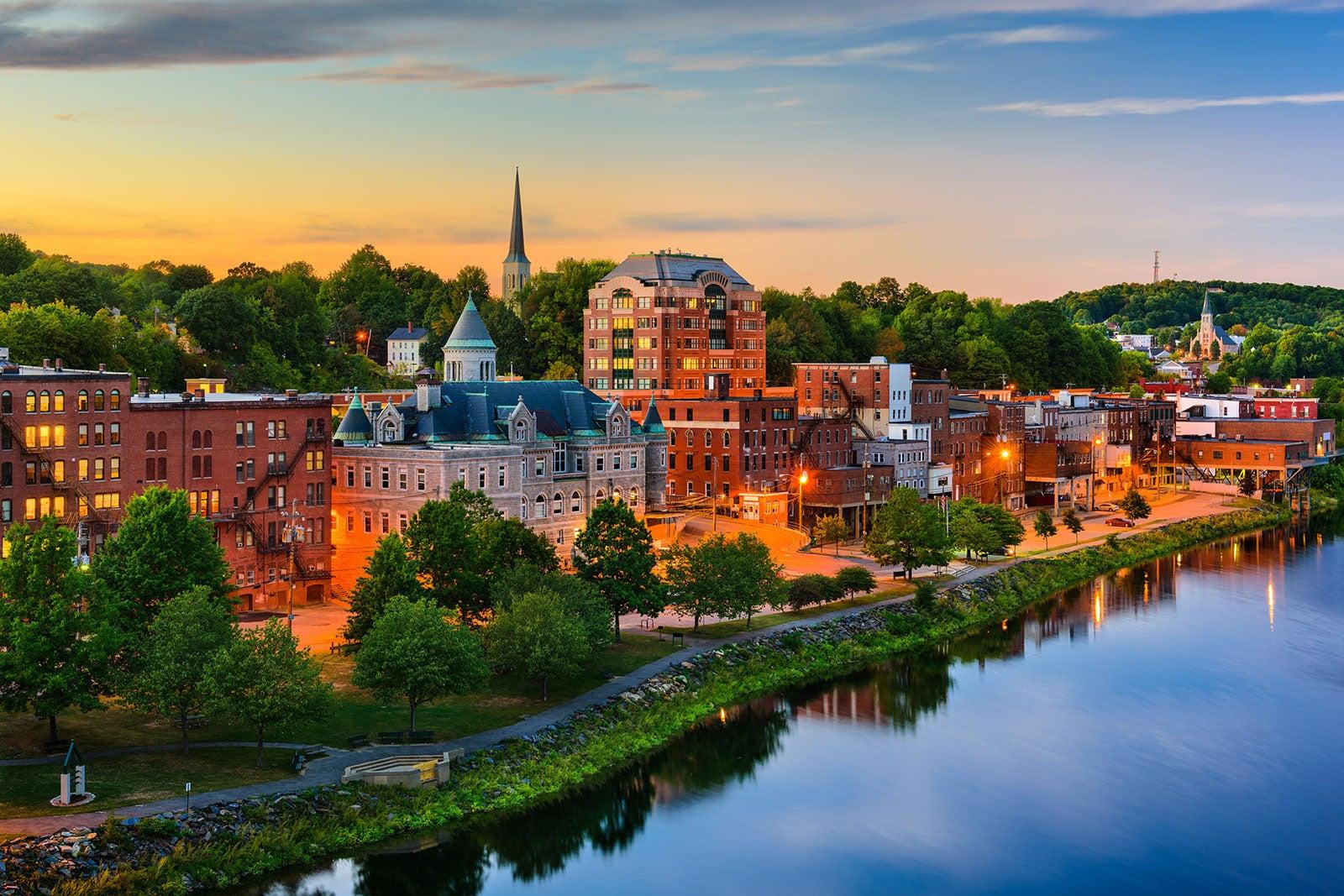 View of colorful buildings along the river.