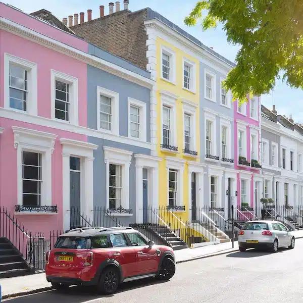 Pastel terraced homes in London