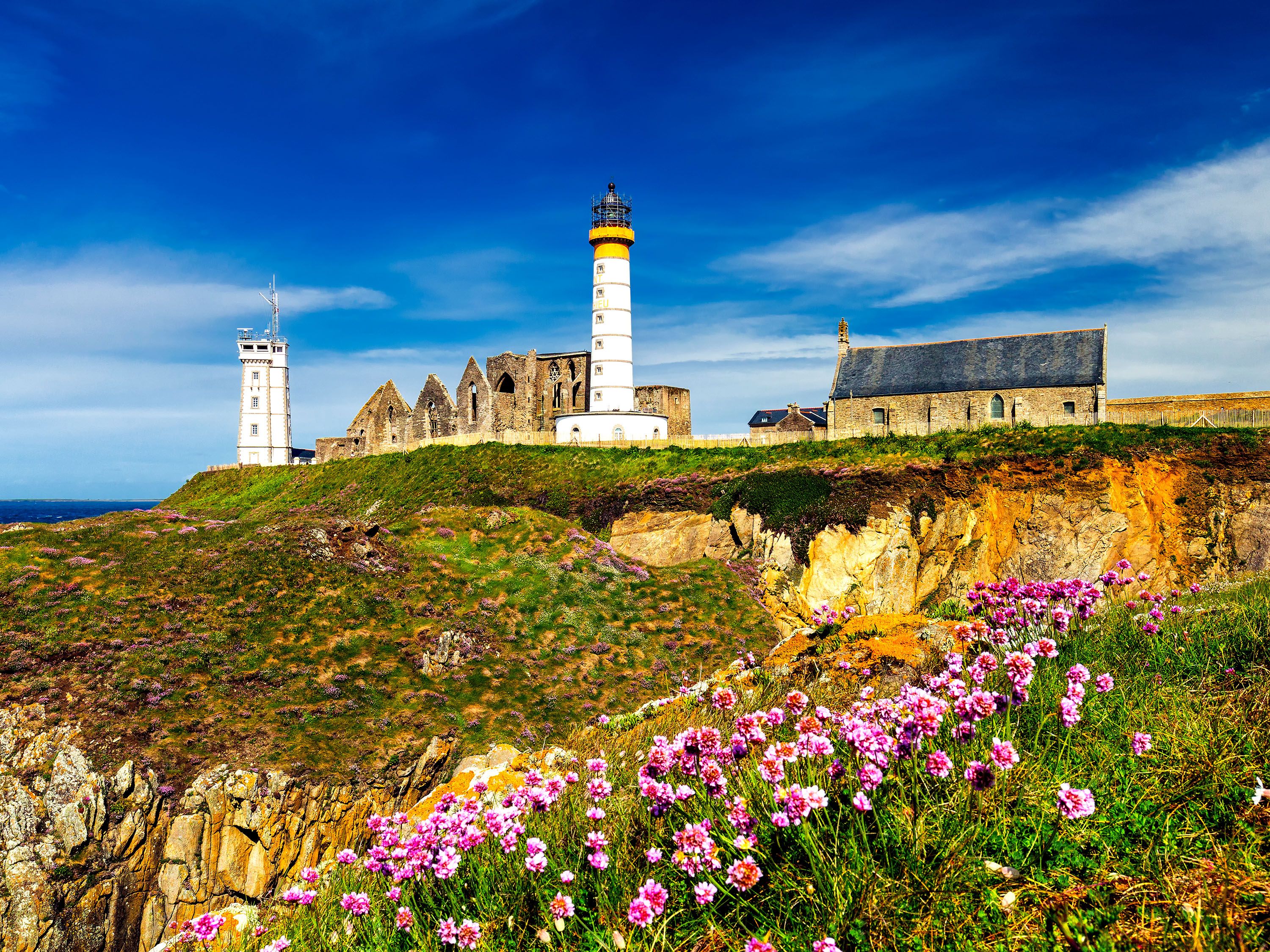 Pink flowers and rocky cliff with lighthouse and stone buildings.