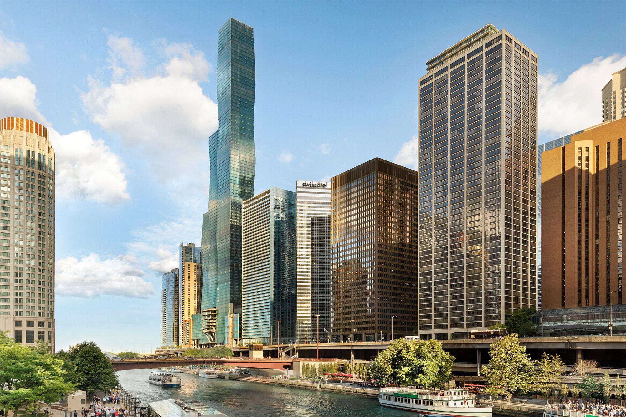 A view of buildings lining the Chicago River