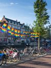Rainbow flags strung between trees on a treelined canal in Amsterdam