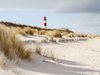 Seagrass at the edge of a white sand beach and red and white lighthouse in the distance.