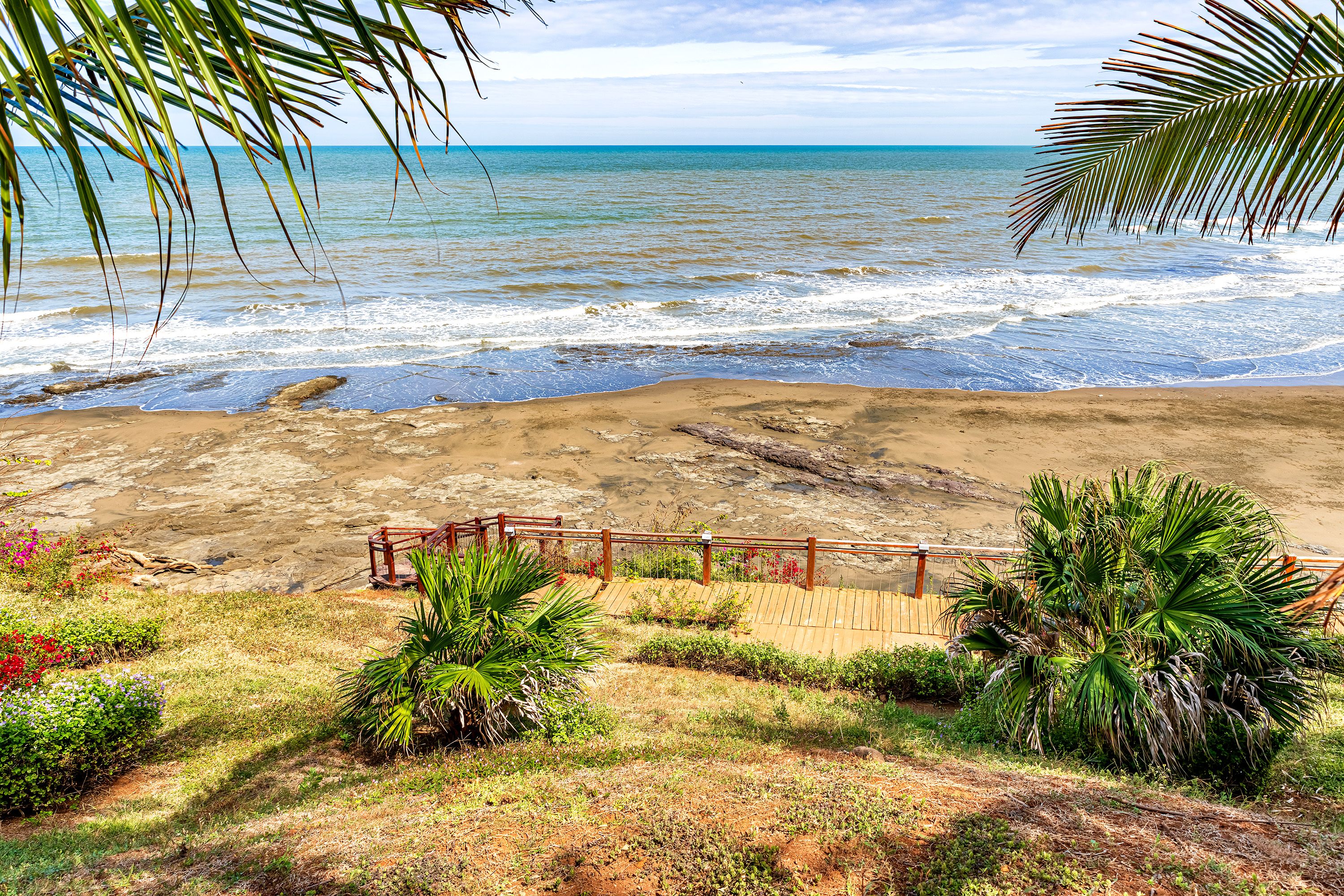 View through the trees of a beach area and waves lapping on the shore.