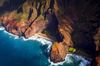 Aerial view of the beach and cliffs off the coast of Kauai, Hawaii.