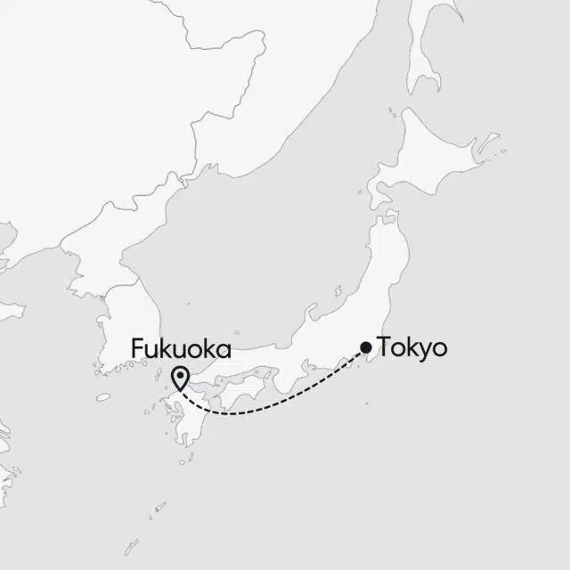 A map showing Fukuoka and Tokyo in Japan