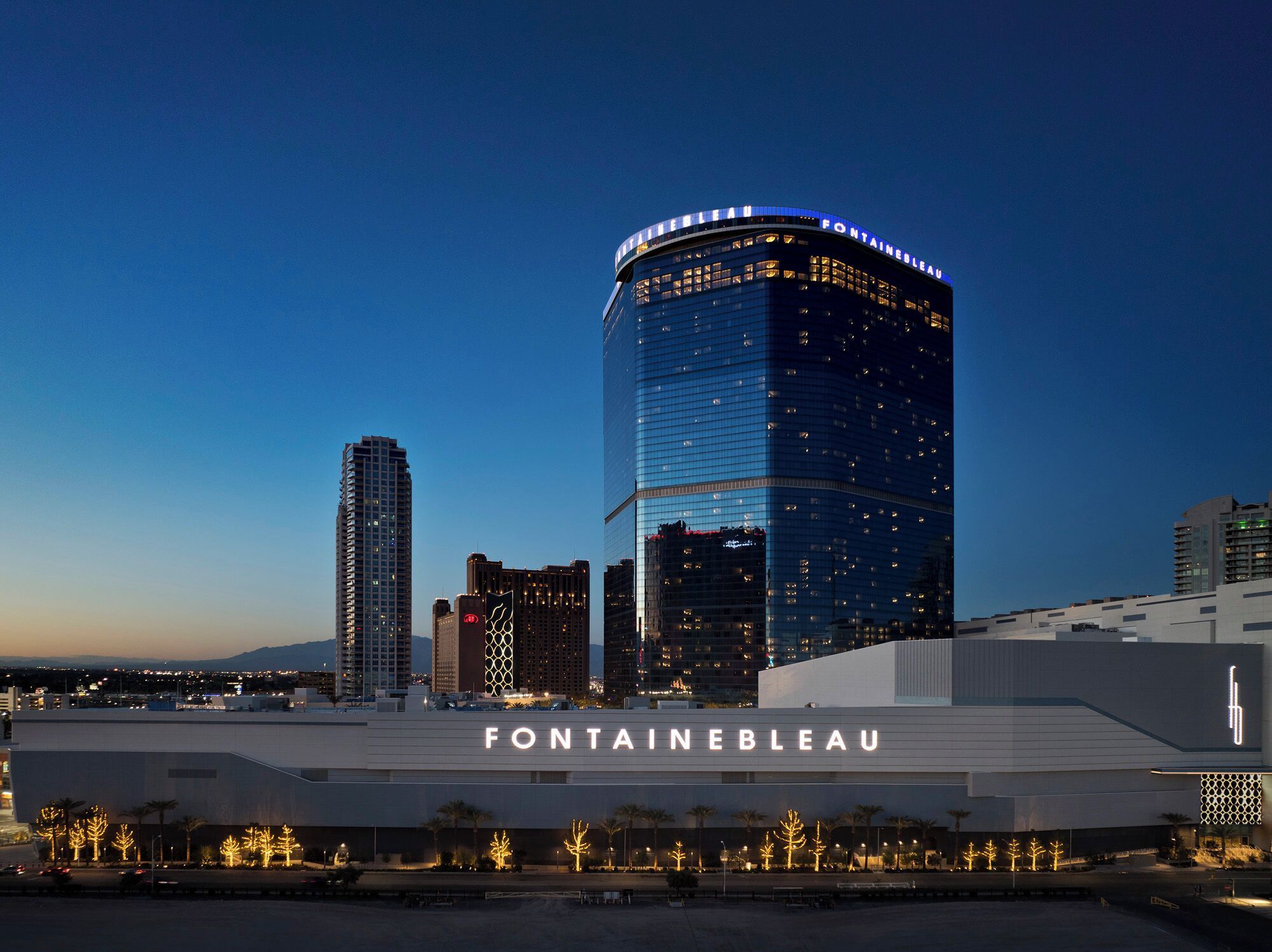 The exterior of the Fontainebleau Las Vegas hotel at sunset in Las Vegas, Nevada