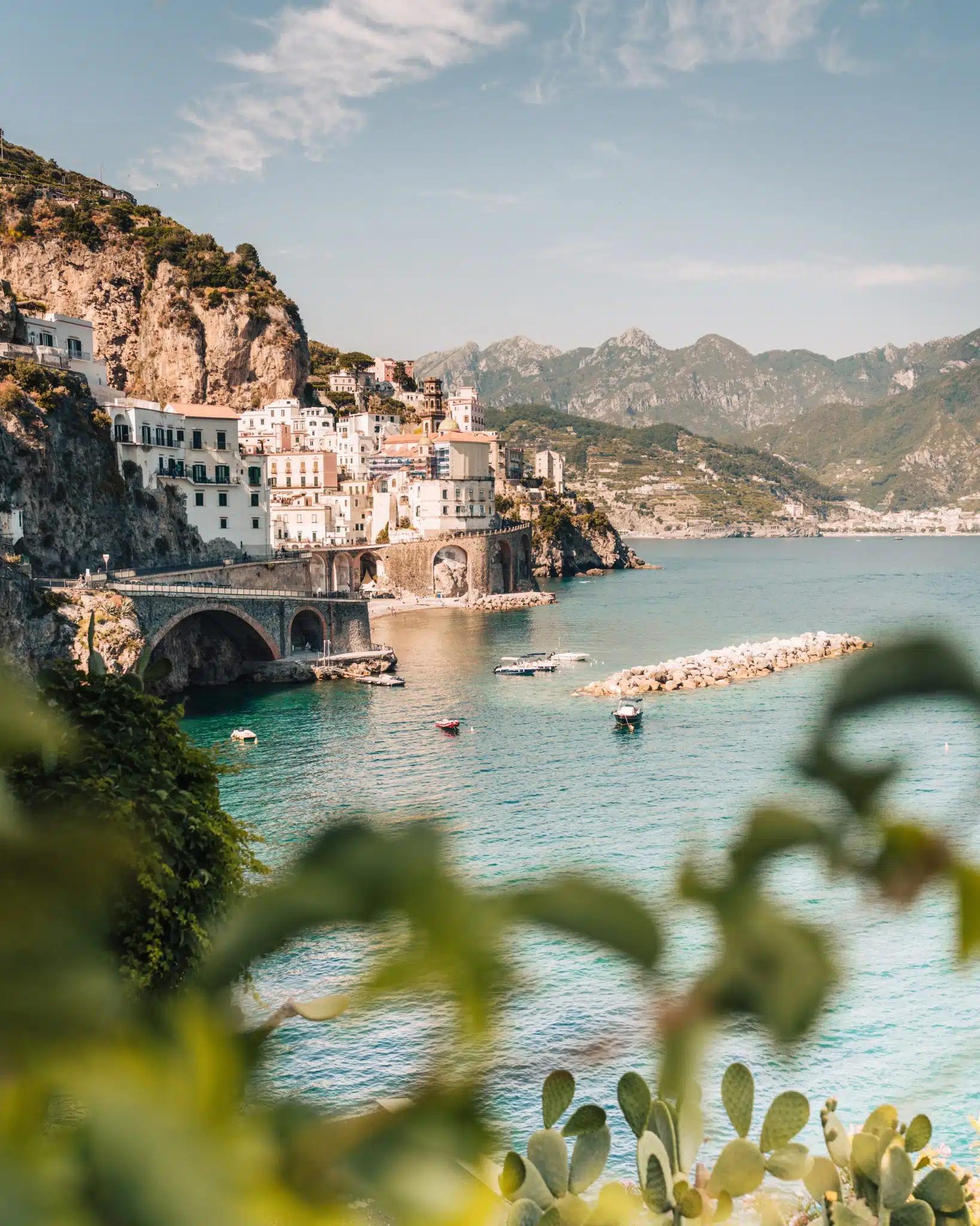 A tiny town slopes down to the water on the Amalfi Coast, southern Italy