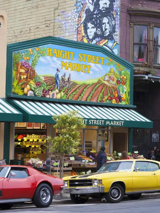 The brightly colored facade of Gus’s Community Market on Haight Street in San Francisco, California