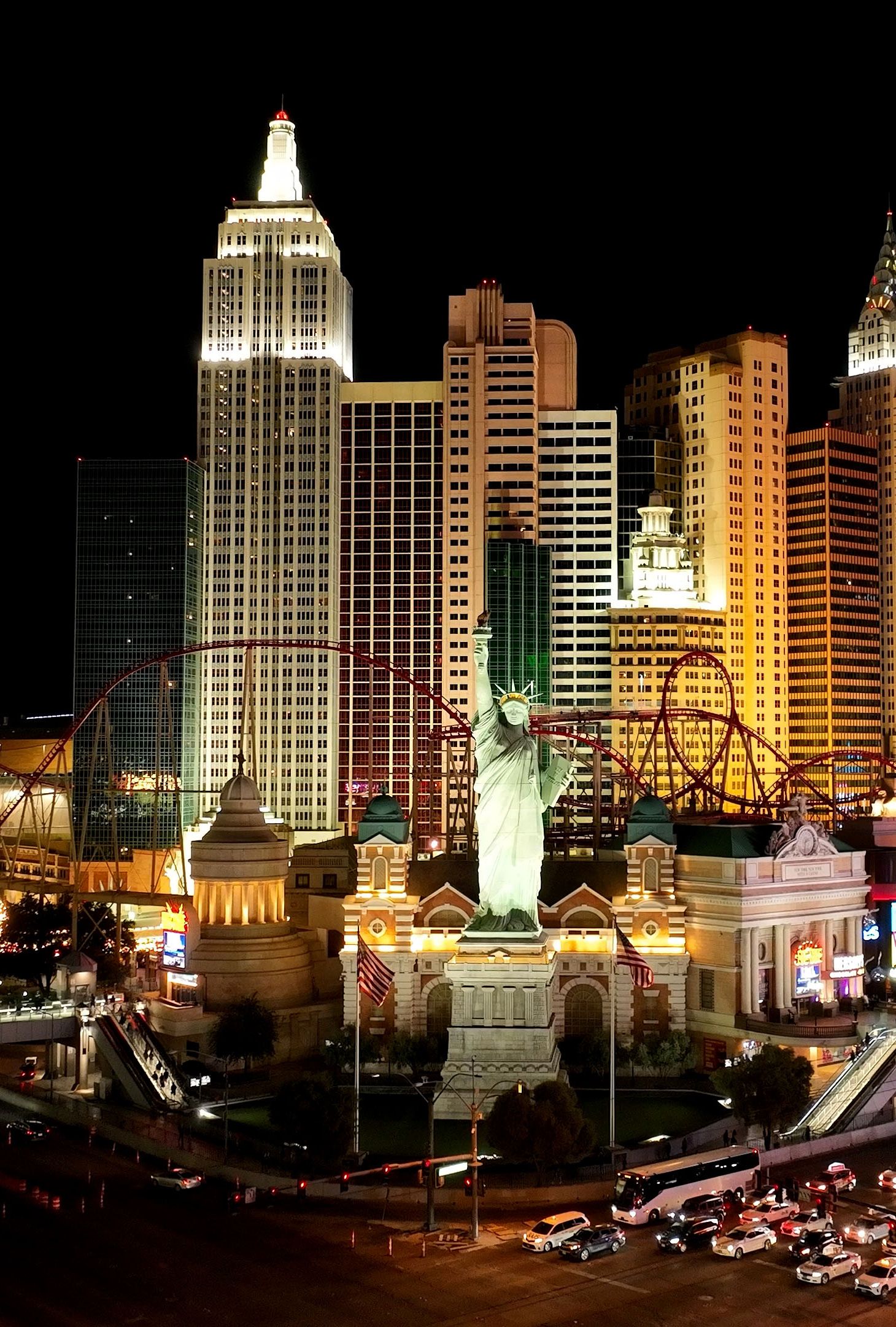 New York New York hotel with Las Vegas skyline and roller coaster.