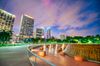The buildings of downtown Miami at sunset in Bayfront Park.
