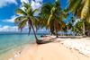 Ocean and white sand beach with several palm trees.