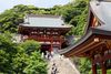 Wooden buildings of Hasedera Temple perched on a forested hillside in Kamakura, surrounded by dense greenery and temple rooftops.