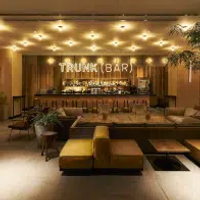 The gold-colored decor and bright lights of the bar at the Trunk (Hotel) Cat Street