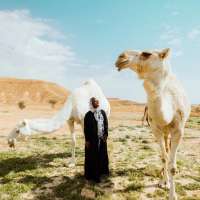 Jessica Nabongo with two camels in the desert, wearing a long black robe and a black and white scarf draped around her head