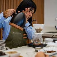 A barista in an apron pours water from a kettle into a filter over a coffee pot at Sisu Coffee Studio in Panama City