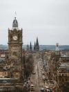 Elevated view of clocktower on Princes Street, Edinburgh's main thoroughfare